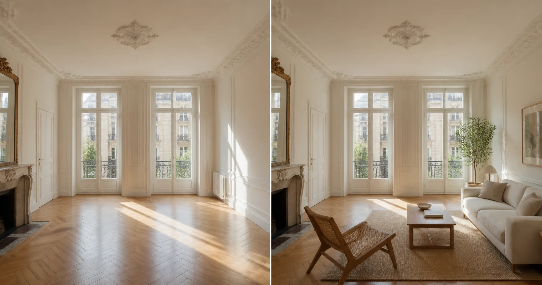 The same sunlit apartment shown as an empty room and with warm-minimal virtual staging
